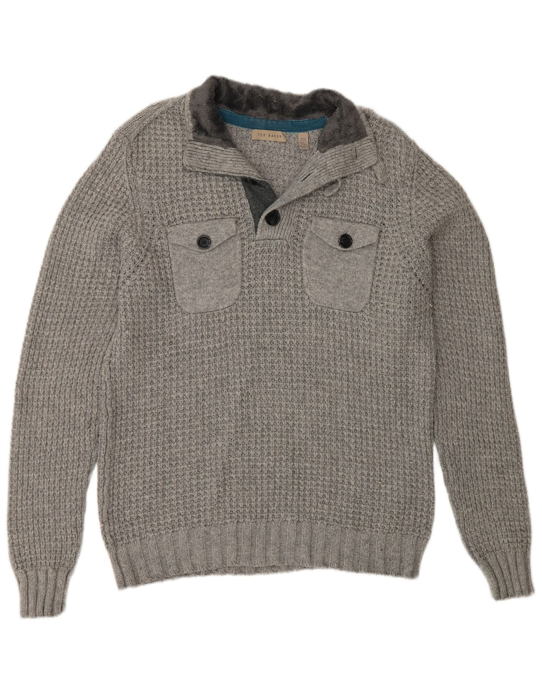 Ted Baker Herren-Pullover mit Knopfkragen, Größe 4, groß, graue Baumwolle