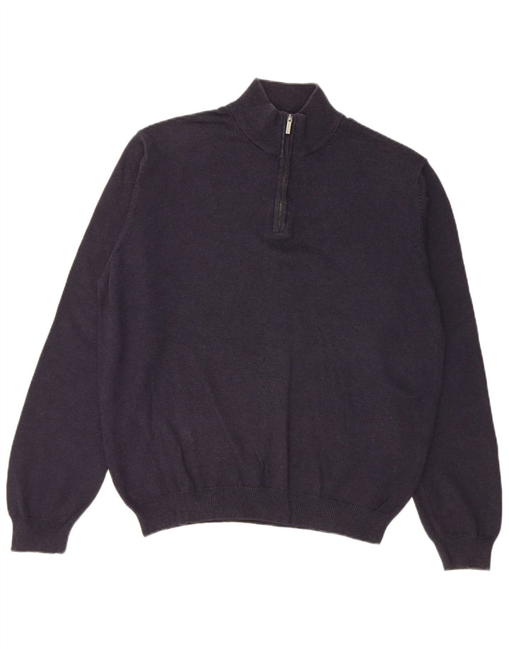 Massimo Dutti Herren-Pullover mit Reißverschluss am Hals, mittelmarineblaue Baumwolle