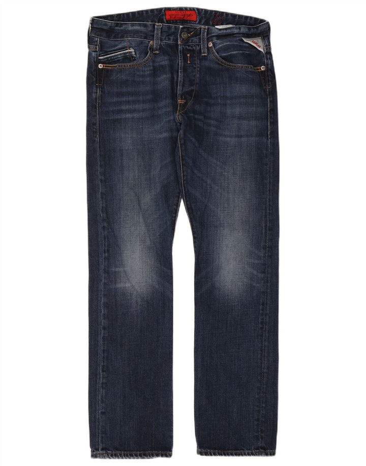 Replay Herren Straight Jeans W32 L32 Marineblaue Baumwolle
