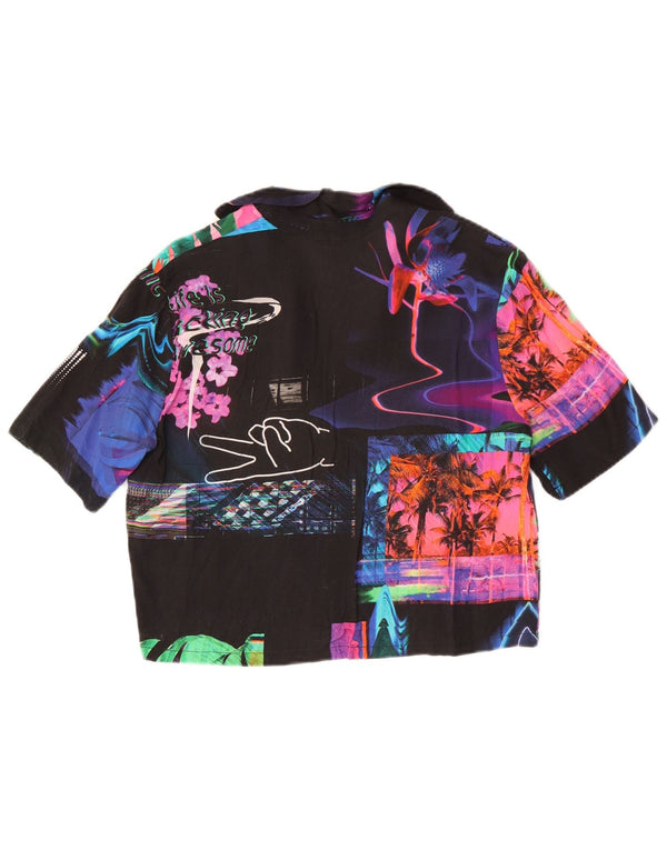 Desigual Damen Crop Short Sleeve Shirt Bluse UK 12 Medium Black Floral