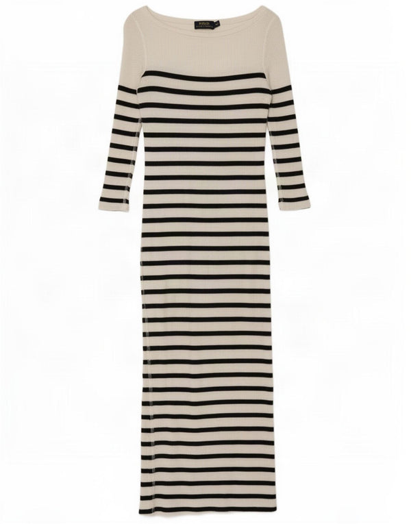 Polo Ralph Lauren Damen-Maxikleid mit 3/4-Ärmeln, UK 6, XS, weiß gestreift, Baumwolle
