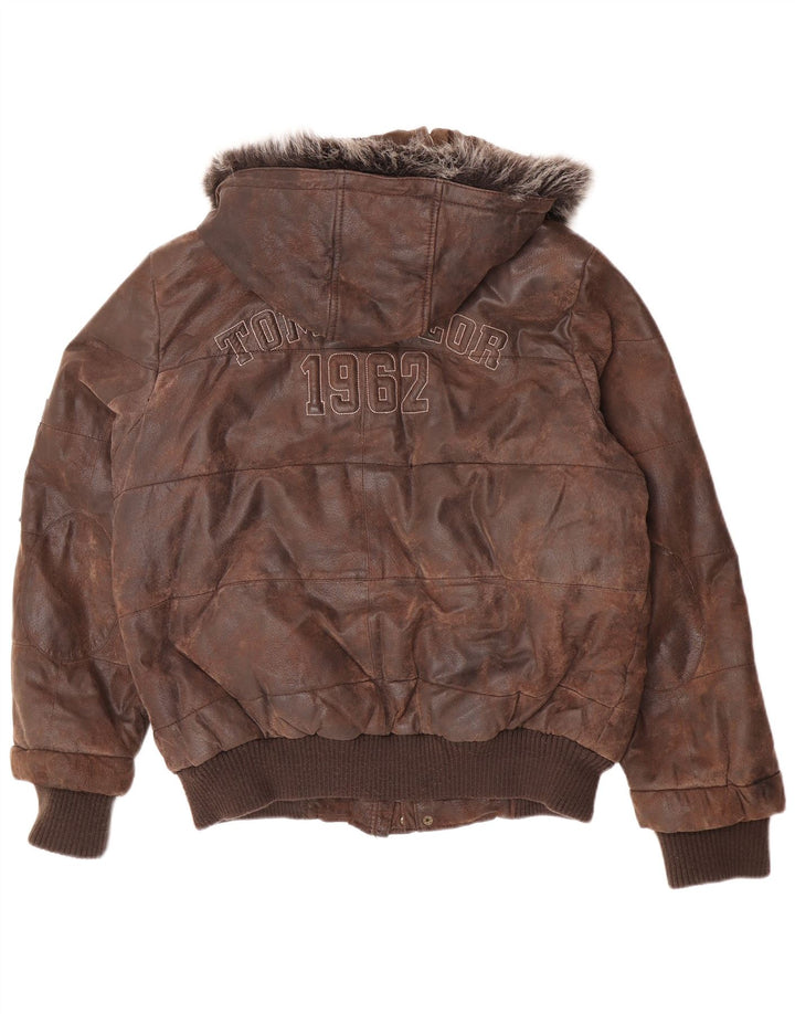 Tom Tailor Herren-Lederjacke mit grafischer Kapuze, UK 38, mittelbraunes Leder