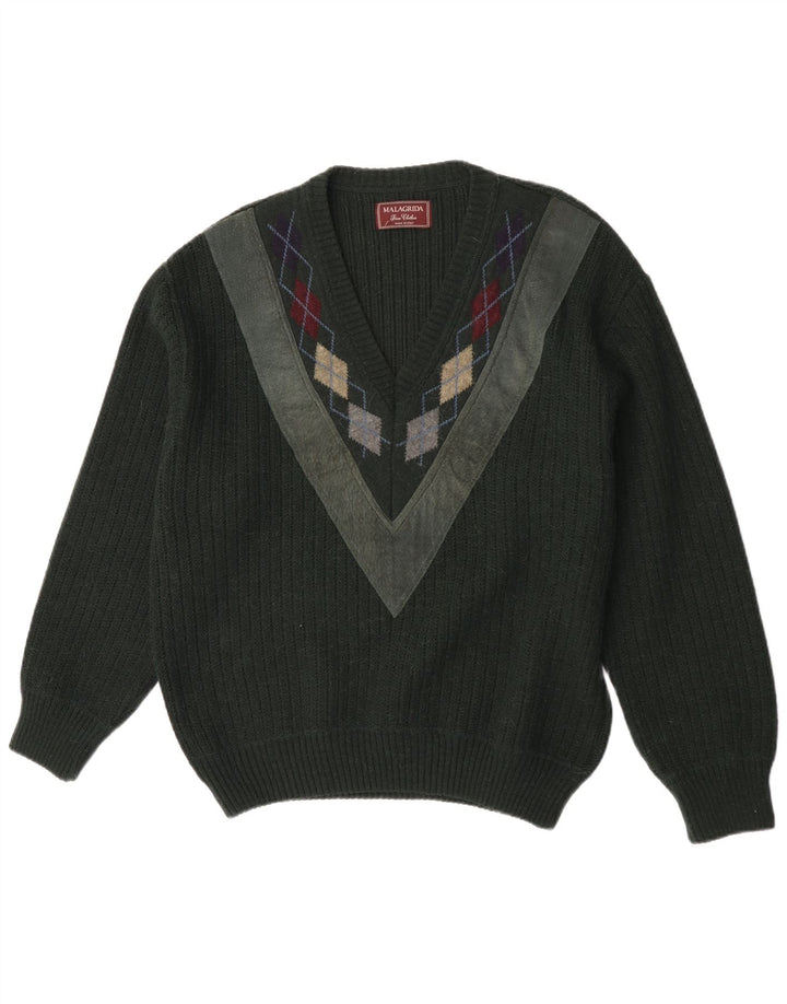 Malagrida Herren-Pullover mit V-Ausschnitt, Größe L, Grün, Argyle/Diamant