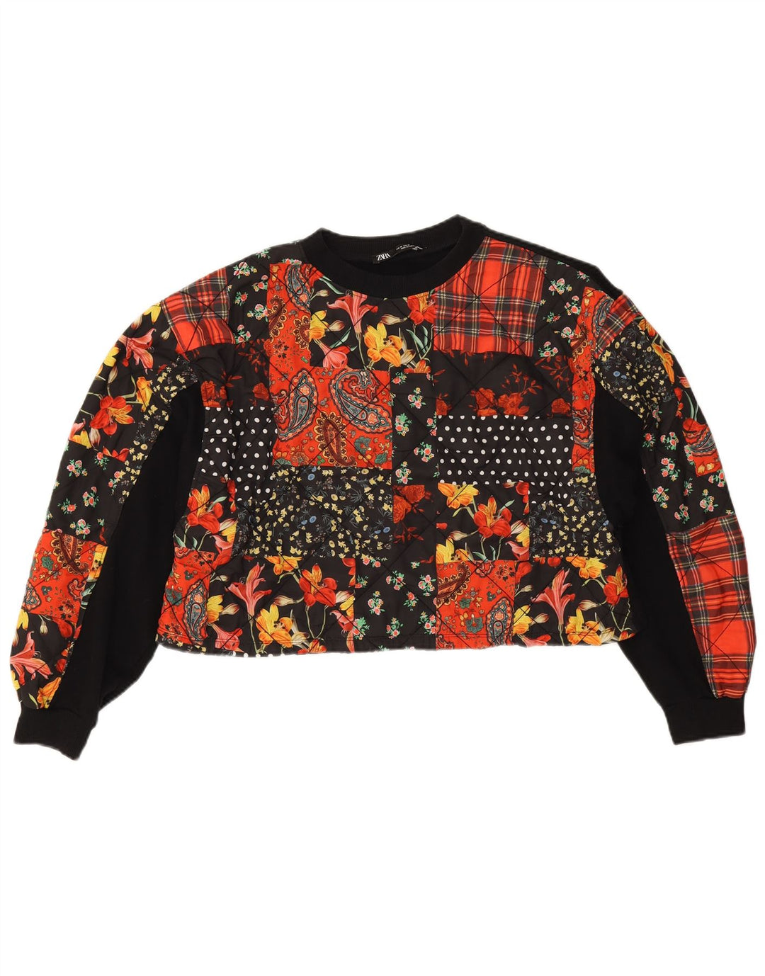 Übergroßer Crop-Sweatshirt-Pullover von Zara für Damen, Gr. 14, mittelschwarz, Patchwork