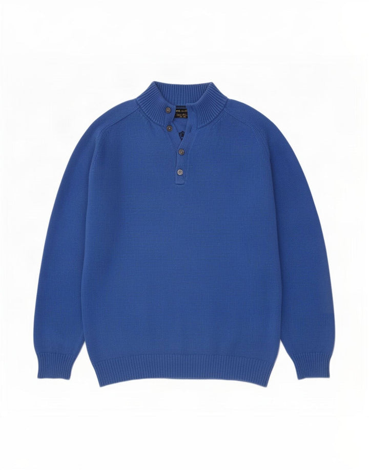 Massimo Dutti Herren-Pullover mit Knopfkragen, 2XL, blaue Baumwolle