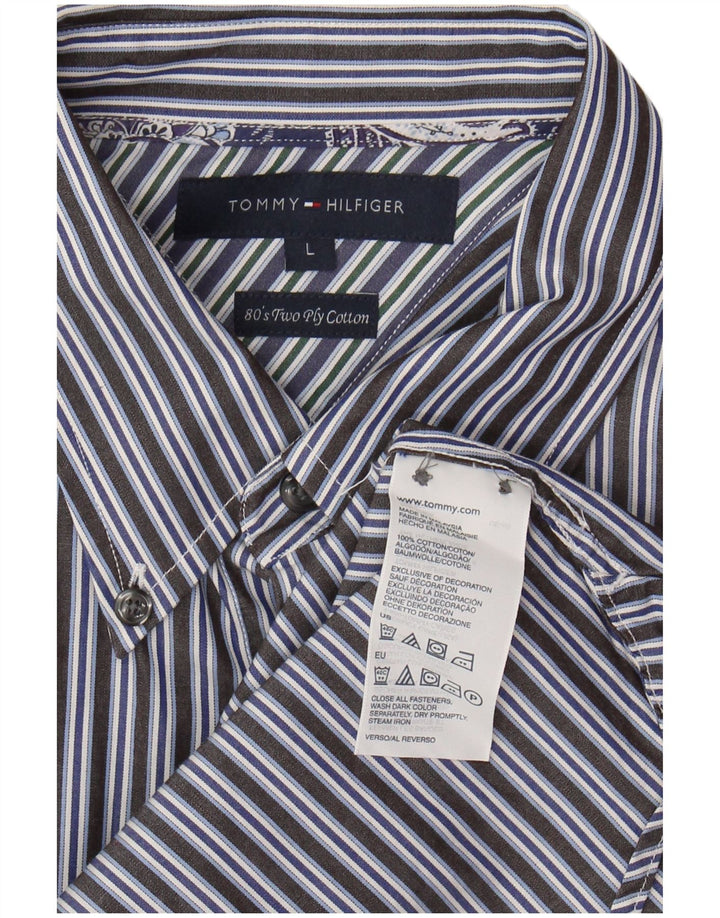TOMMY HILFIGER Mens Shirt Large Navy Blue Striped Cotton