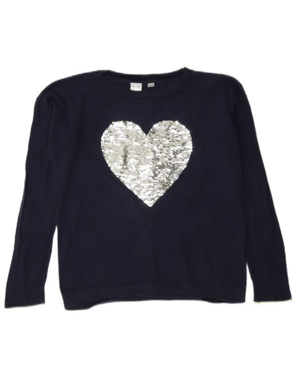 Gap Mädchen-Pullover mit grafischem U-Boot-Ausschnitt, 12–13 Jahre, XL, Marineblau, Herz