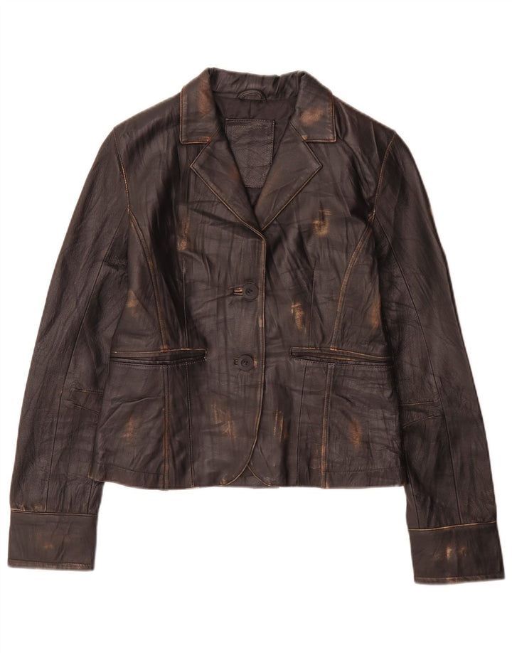 Vintage Damen 2 Knopf Leder Blazer Jacke UK 8 Small Schwarz