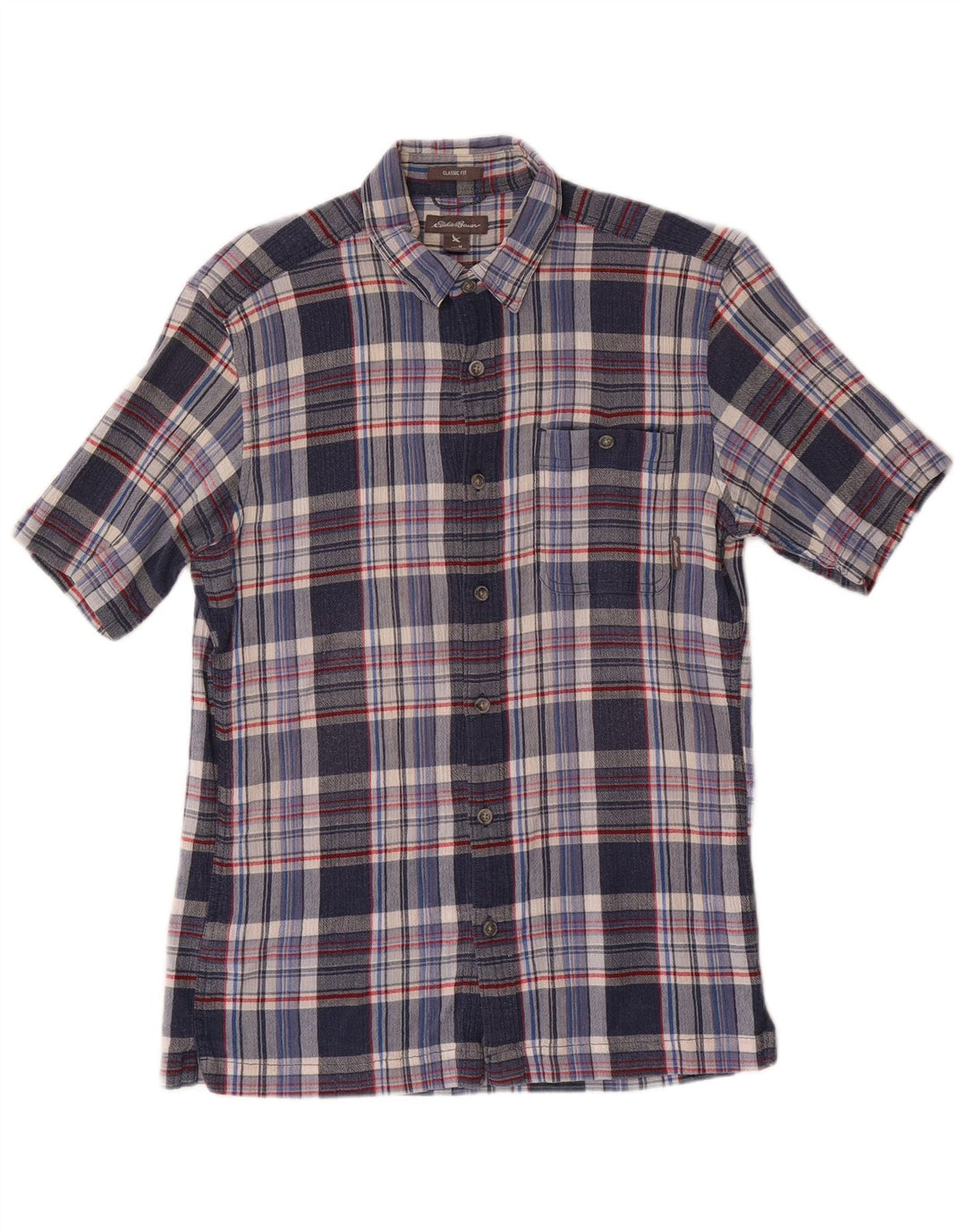 EDDIE BAUER Herren-Kurzarmhemd mit klassischer Passform, mittelblau karierte Baumwolle