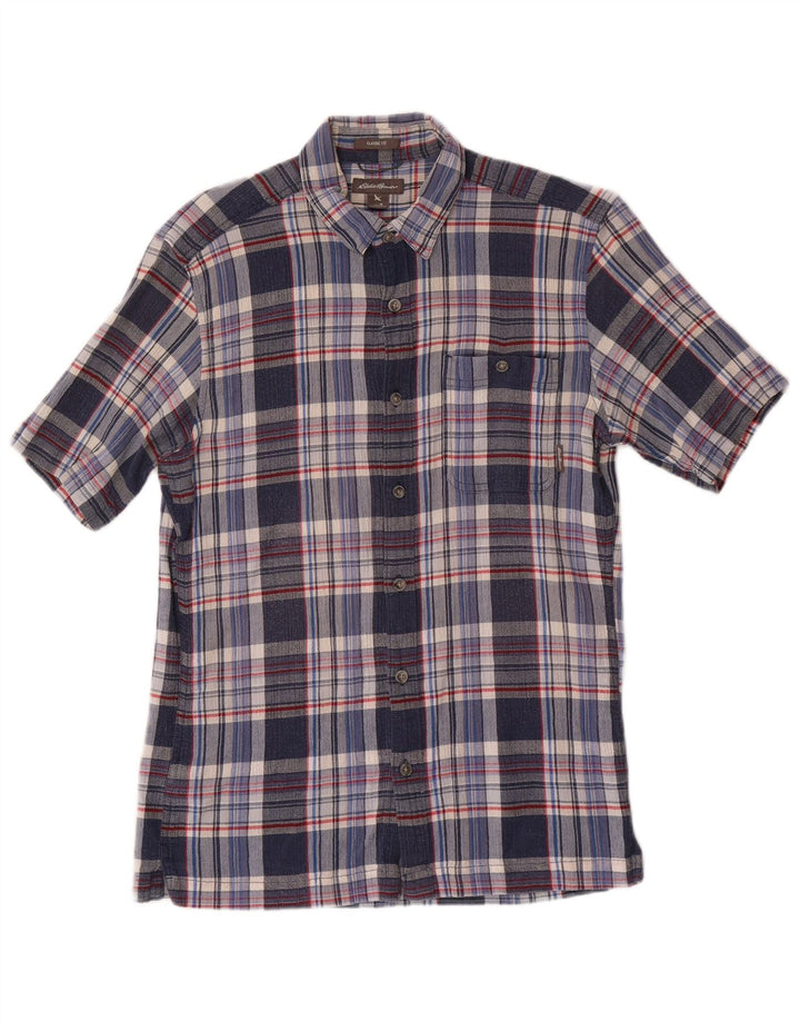EDDIE BAUER Herren-Kurzarmhemd mit klassischer Passform, mittelblau karierte Baumwolle