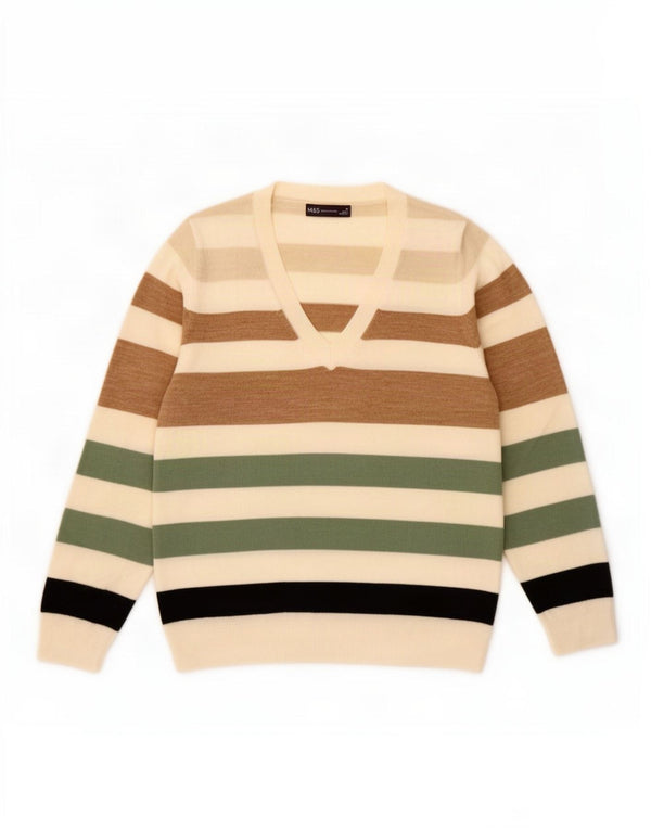 Marks & Spencer Damen-Pullover mit V-Ausschnitt, UK 14, Mittelbeige gestreift