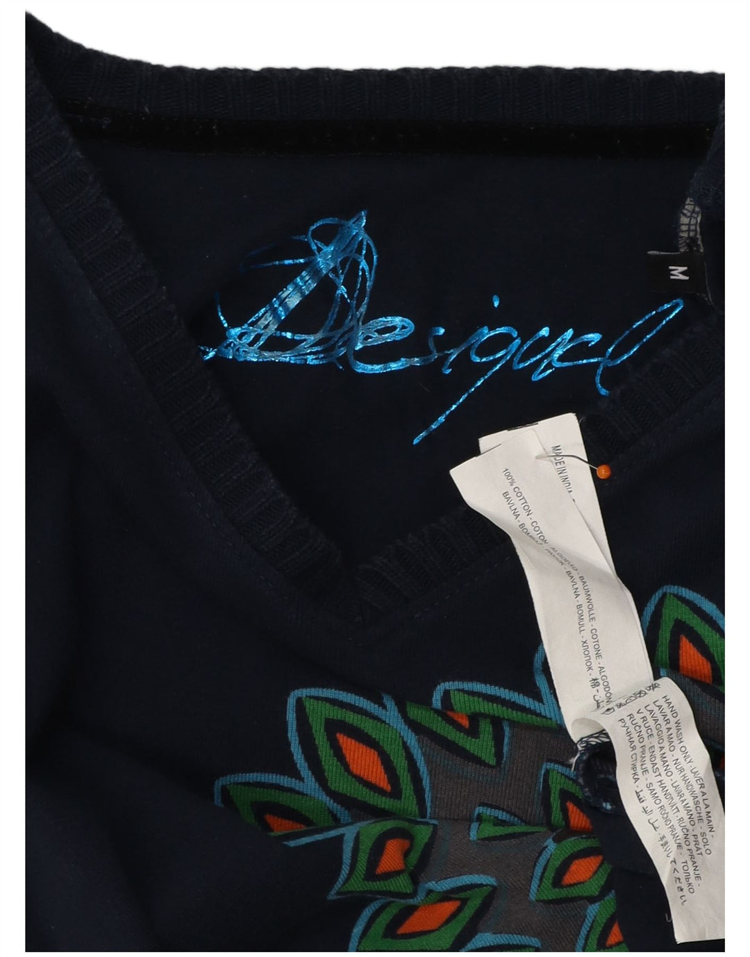 Desigual Womens Graphic Top Langarm UK 12 Medium Marineblau Baumwolle