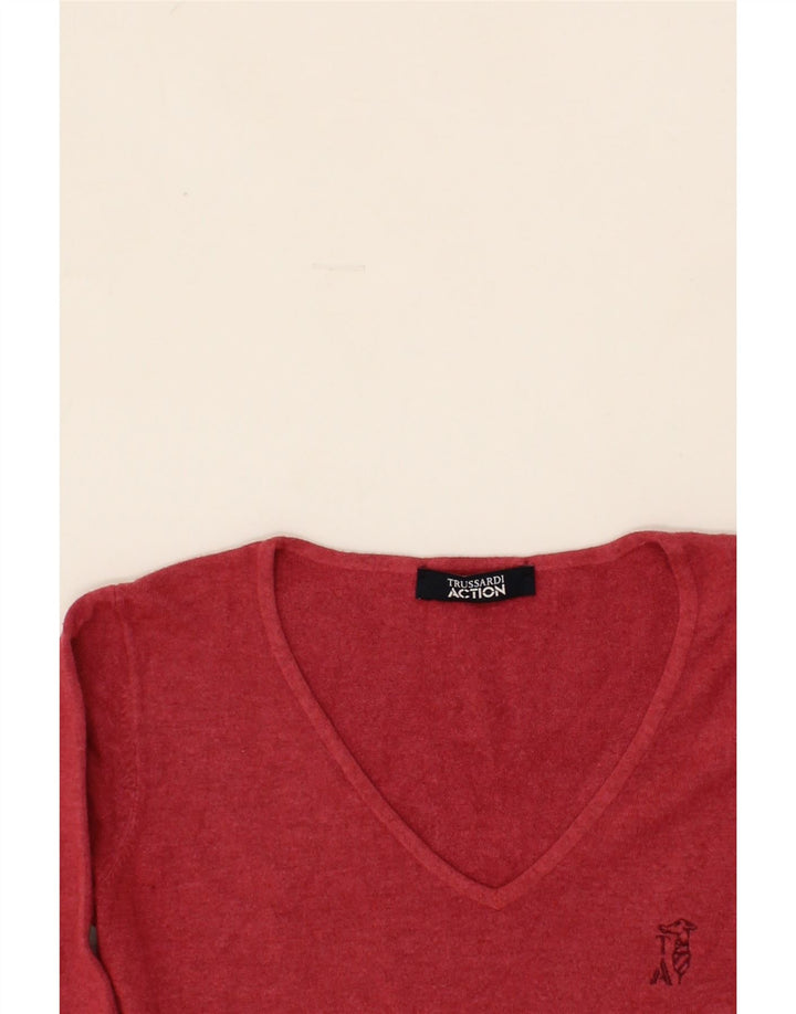 TRUSSARDI Womens V-Neck Jumper Sweater IT 42 Medium Red Vintage Trussardi and Second-Hand Trussardi from Messina Hembry 