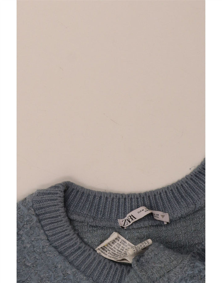 Zara Damen Crop Crew Neck Pullover Pullover UK 14 Mittelblaues Polyester