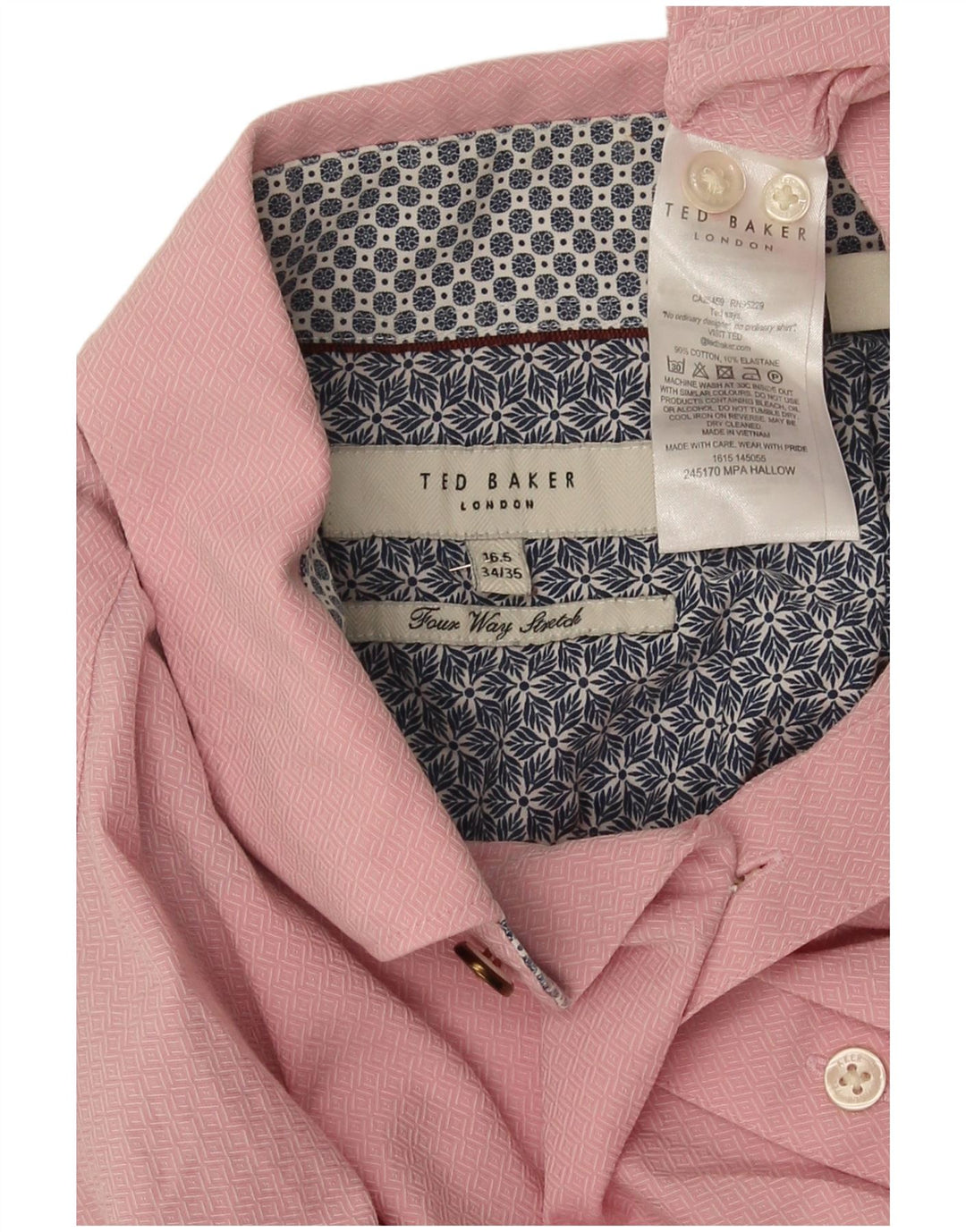 Ted Baker Herrenhemd, Größe 16 1/2, groß, rosa, geometrische Baumwolle