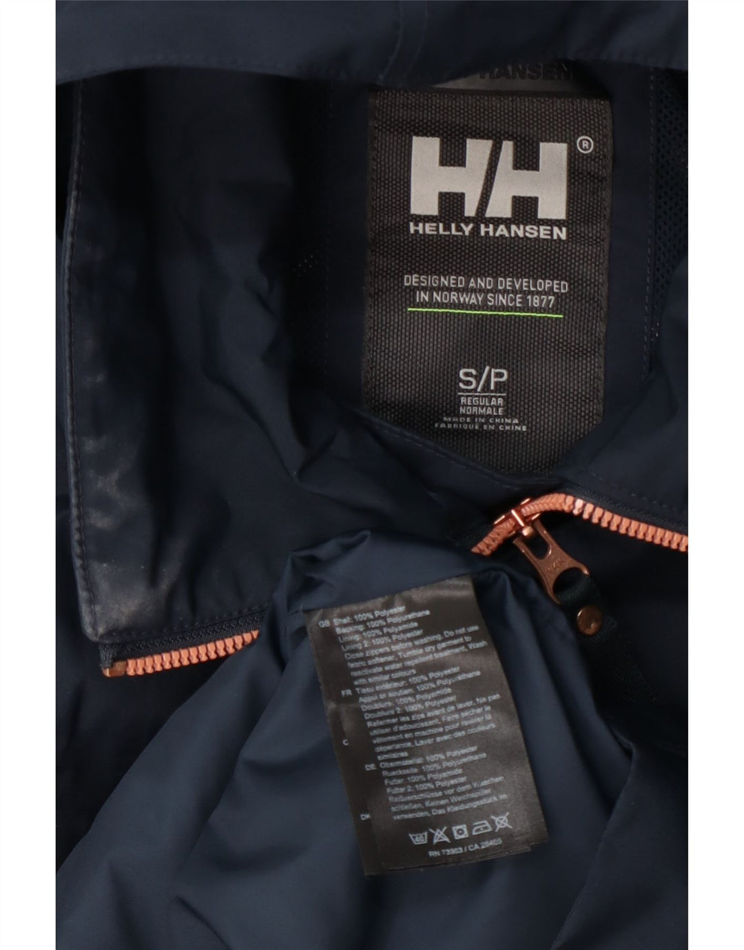 Helly Hansen Zweireihiger Damen-Regenmantel mit Kapuze, Gr. 10, Marineblau