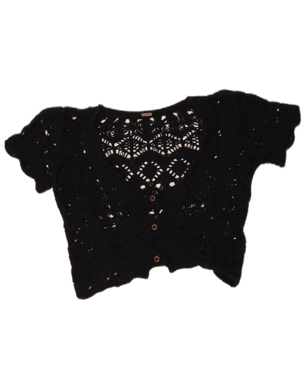 Free People Damen Crop Crochet Cardigan Pullover UK 12 Medium Schwarz