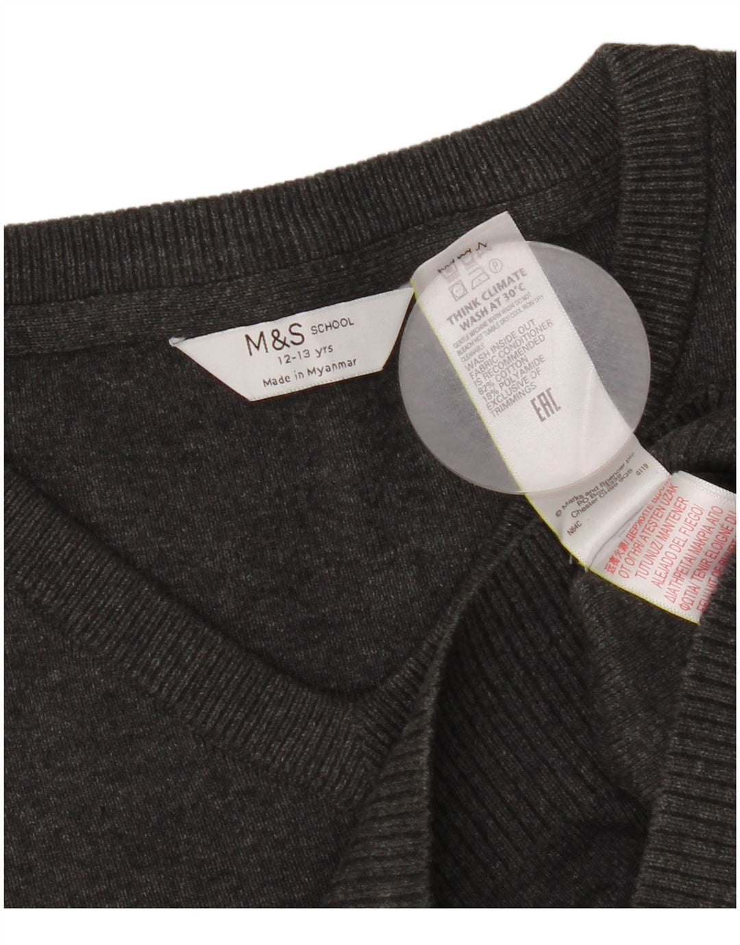 Marks & Spencer Jungen-Pullover mit V-Ausschnitt, 12–13 Jahre, graue Baumwolle