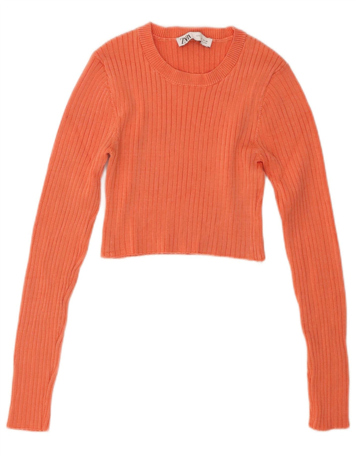 Zara Damen Crop Top Langarm UK 8 Small Orange Viskose