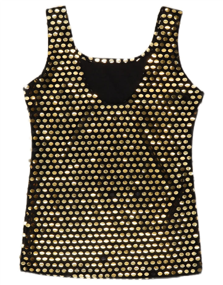 Vintage Damen Ärmelloses Blusentop UK 10 Small Schwarz Polyester