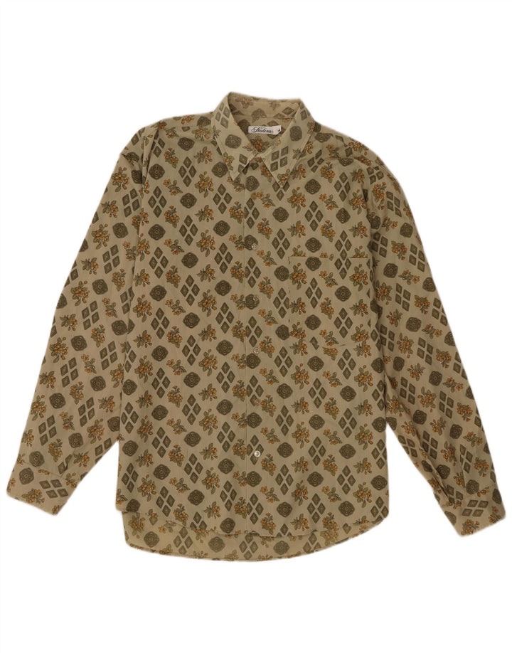 Vintage Herrenhemd, groß, Khaki, Blumenmuster, Polyester