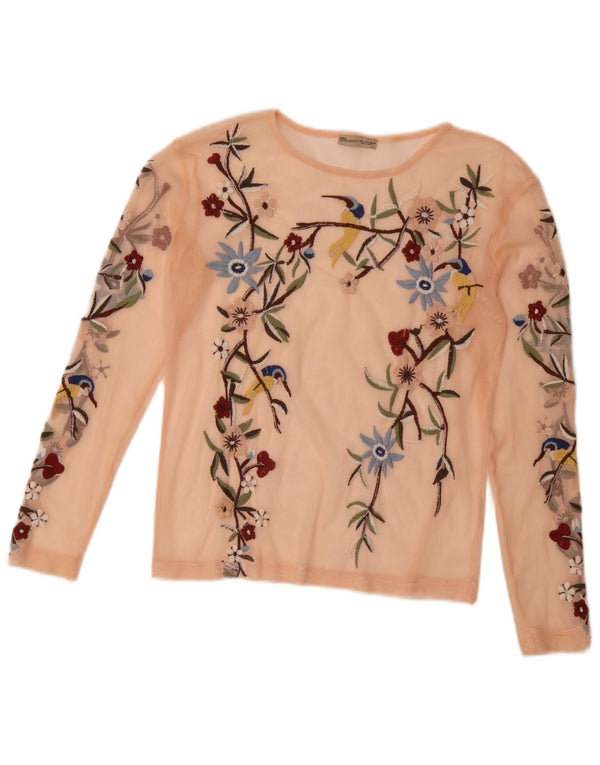 Langärmliges, durchsichtiges Damenoberteil von Zara, Gr. 10, klein, rosa geblümt