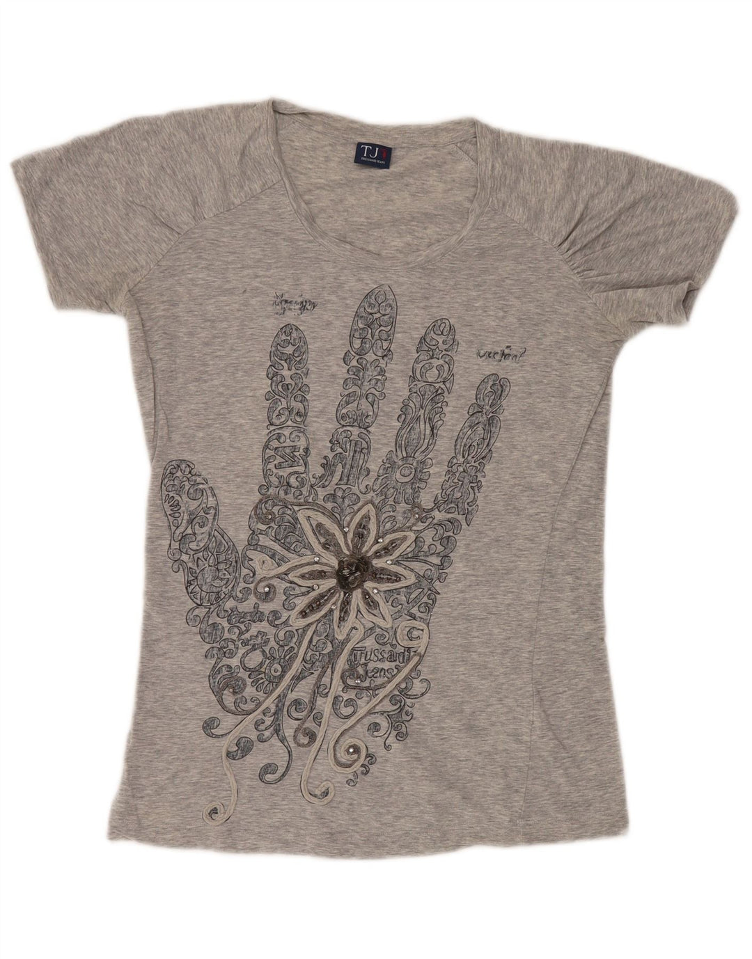 Trussardi Jeans Damen Grafik-T-Shirt-Oberteil UK 12 Mittelgrau