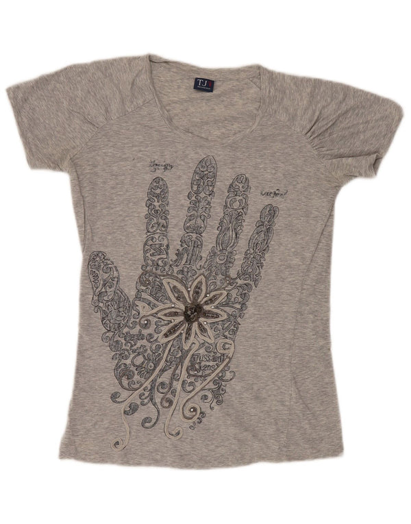 Trussardi Jeans Damen Grafik-T-Shirt-Oberteil UK 12 Mittelgrau