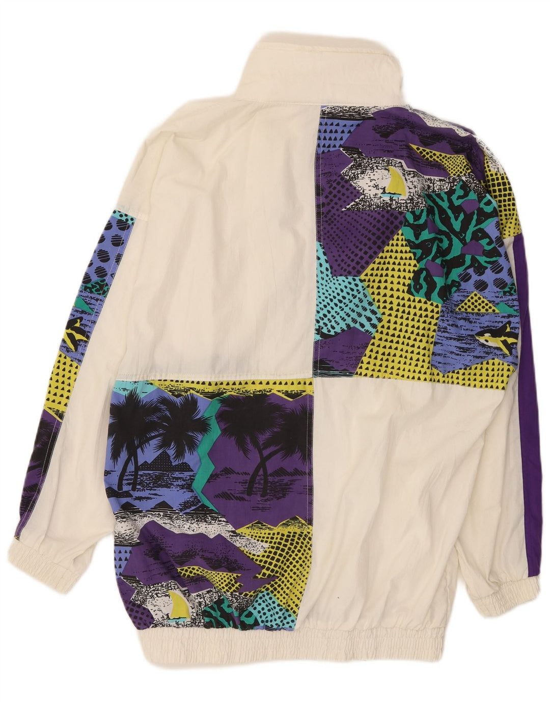 Vintage Mens Tracksuit Top Jacket Large White Patchwork Polyester