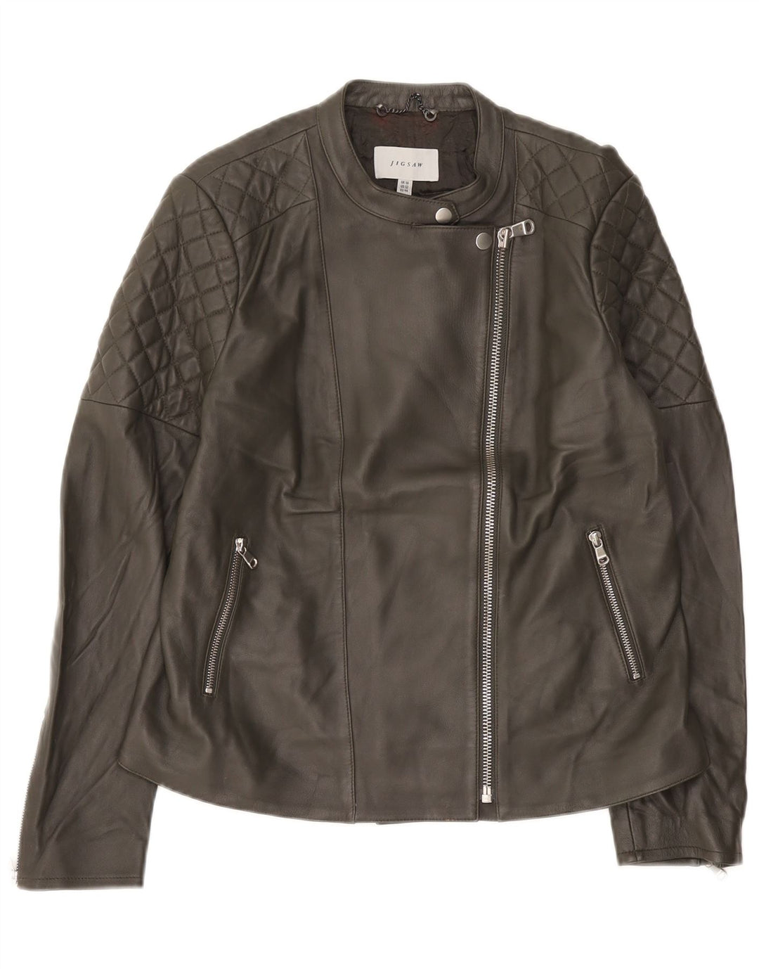 Jigsaw Damen Leder Bikerjacke UK 16 Large Graues Leder