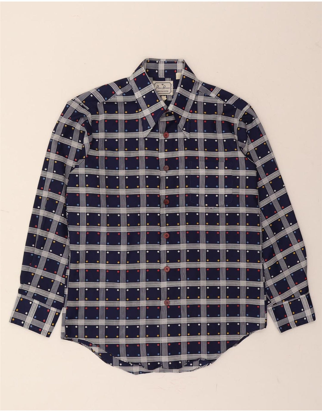 PRINCE ROMANO Mens Abstract Pattern Shirt Large Navy Blue Polyester Vintage Prince Romano and Second-Hand Prince Romano from Messina Hembry 