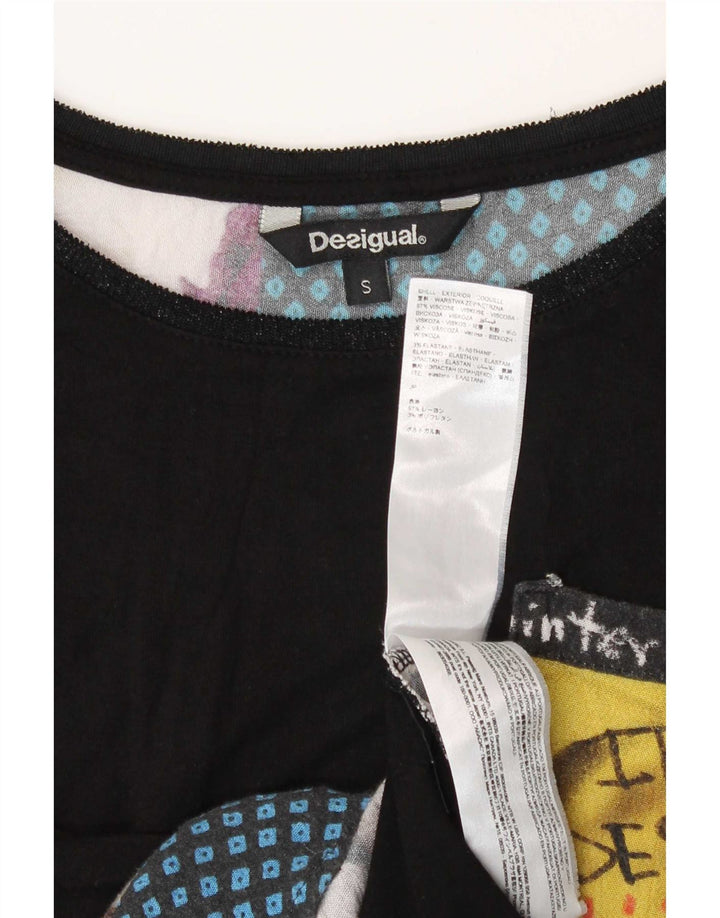 Desigual Womens Abstract Pattern Top 3/4 Ärmel UK 10 Small Schwarze Viskose