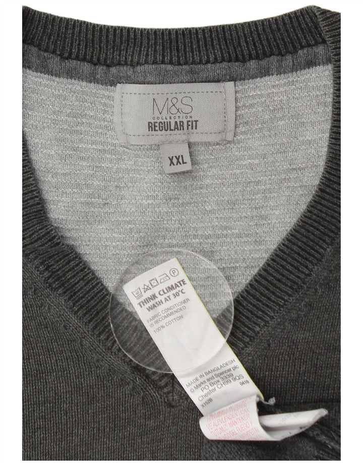 Marks & Spencer Herren-Pullover mit normaler Passform, V-Ausschnitt, 2XL, graue Baumwolle