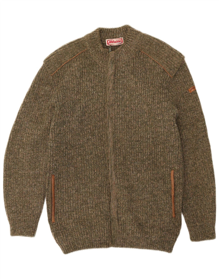 Vintage Herren-Cardigan mit durchgehendem Reißverschluss, mittelgroße Khaki-gefleckte Wolle