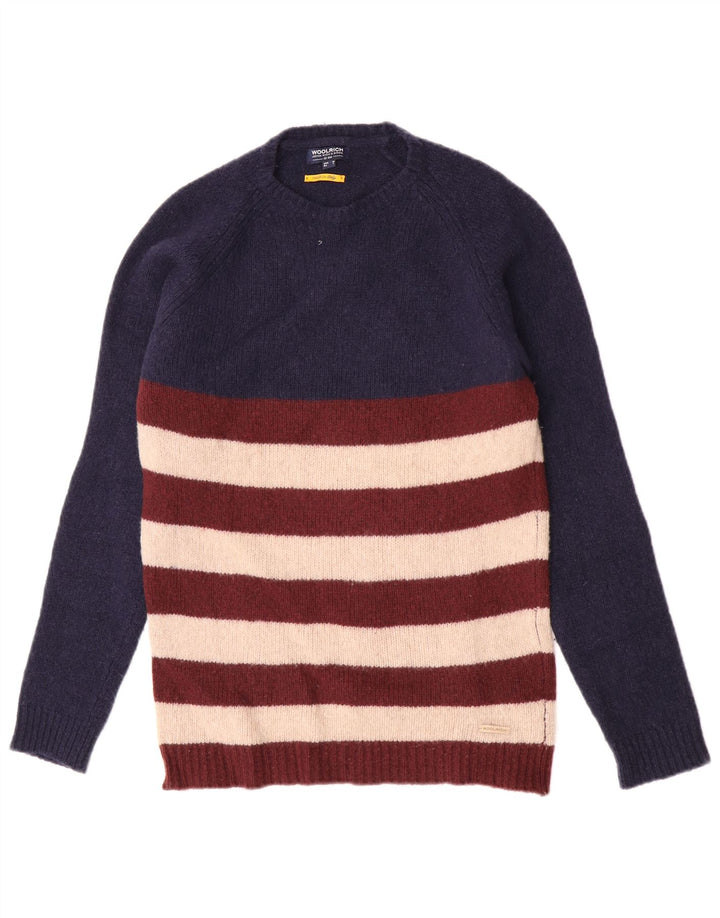 Woolrich Herren-Pullover mit Rundhalsausschnitt, mittlere marineblaue gestreifte Wolle