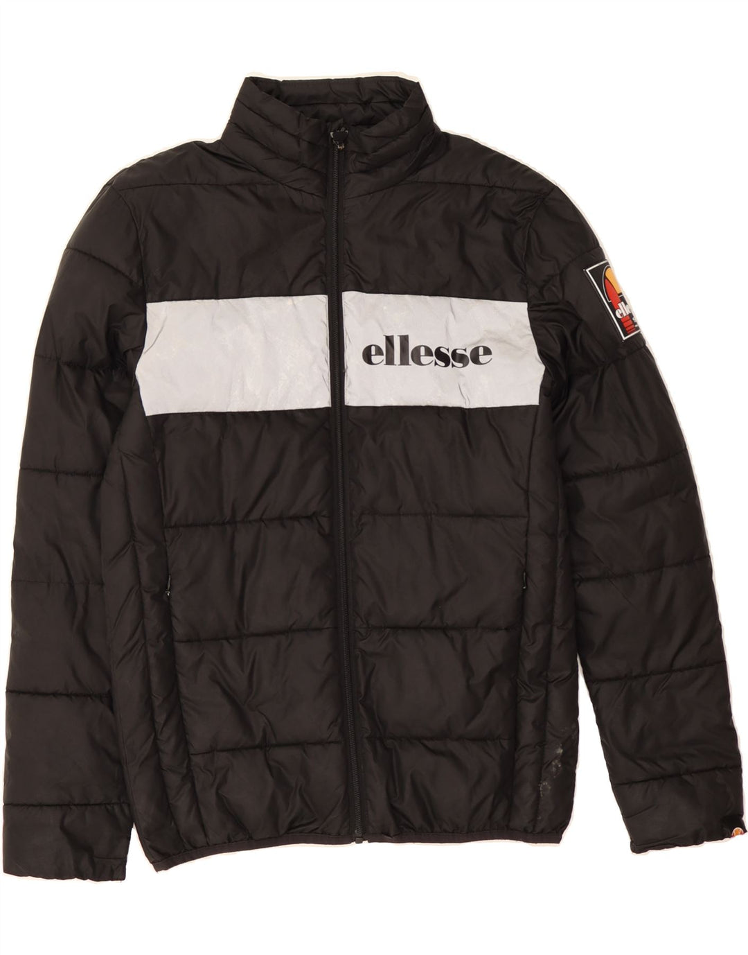 ELLESSE Mens Graphic Padded Jacket UK 36 Small Black Colourblock Polyester Vintage Ellesse and Second-Hand Ellesse from Messina Hembry 