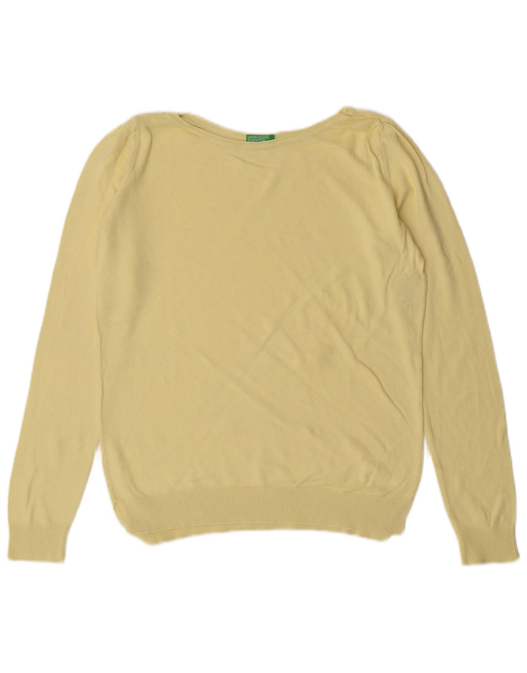 Benetton Damen-Pullover mit U-Boot-Ausschnitt, UK 12, mittelgelb, Baumwolle, klassisch