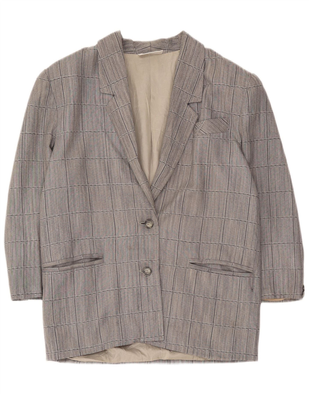 Vintage Damen 3/4 Ärmel 2 Knopf Blazer Jacke UK 14 Mittelgrau kariert