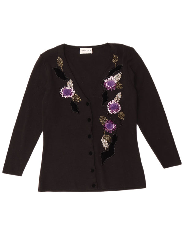Francesca Womens By Sottini Cardigan Pullover UK 14 Große schwarze Wolle mit Blumenmuster