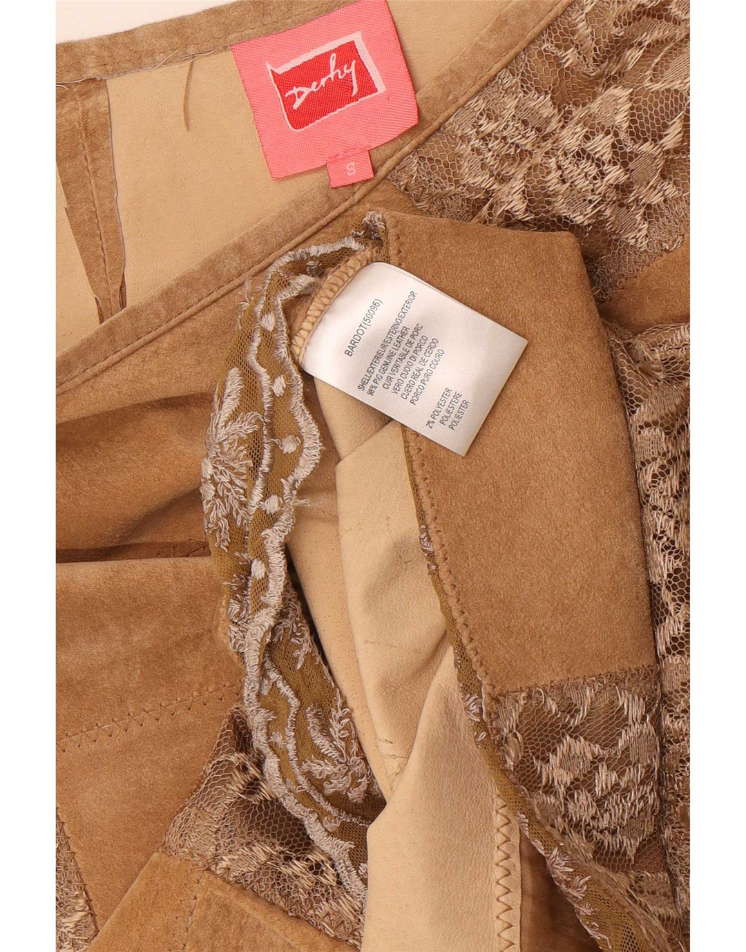 Derby Damen-Wildlederrock, Größe S, W28, Beige, Patchwork-Leder