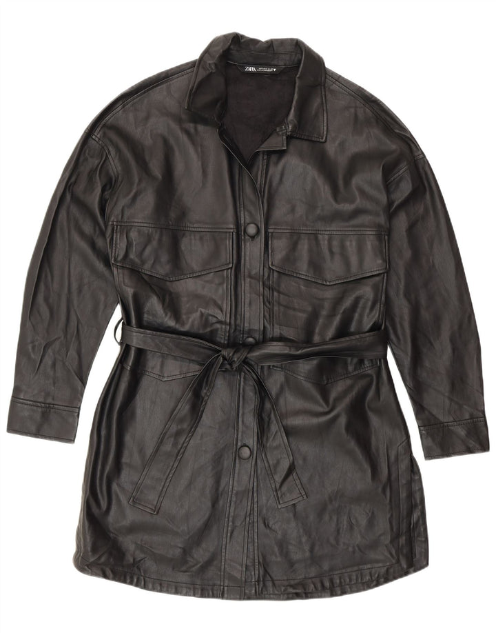 Zara Damen Kunstledermantel UK 10 Small Schwarz Polyurethan Modern