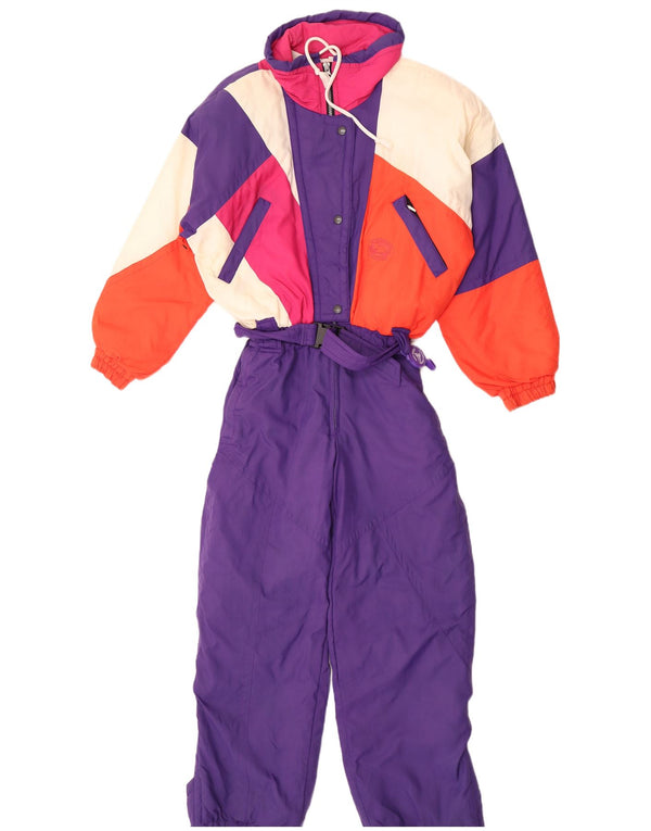 Vintage Damen Skioverall UK 10 Klein Lila Farbblock