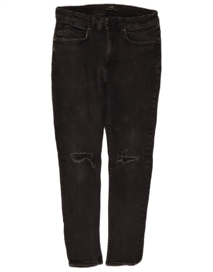 ZARA Damen Distressed Crop Skinny Jeans EU 40 Medium W31 L25 Schwarze Baumwolle