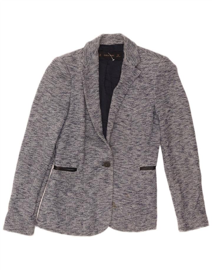 Zara Damen 1-Knopf-Blazerjacke UK 6 XS blau gefleckte Baumwolle