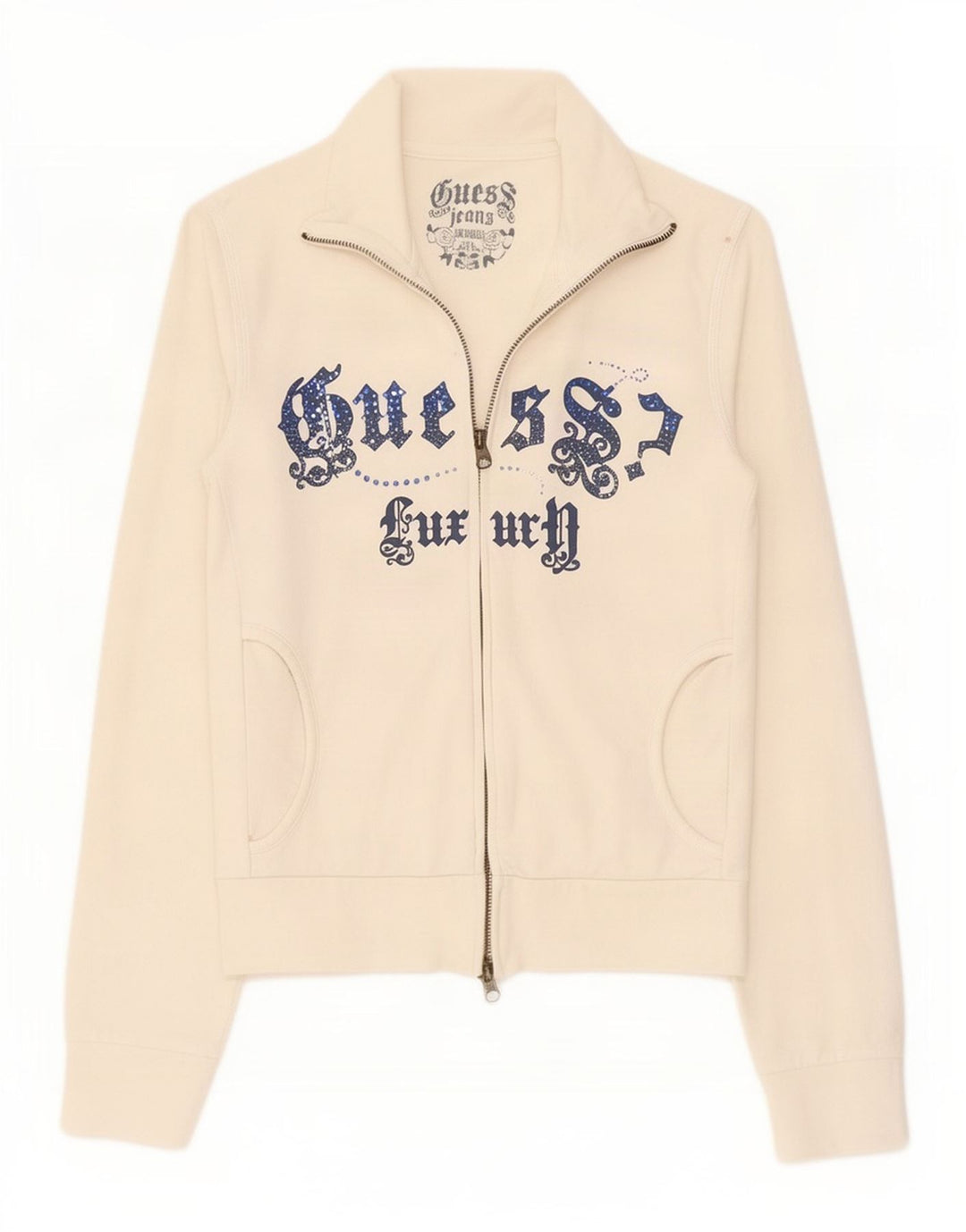 Guess Damen-Trainingsanzugoberteil mit Grafik, UK 10, Größe S, weiße Baumwolle