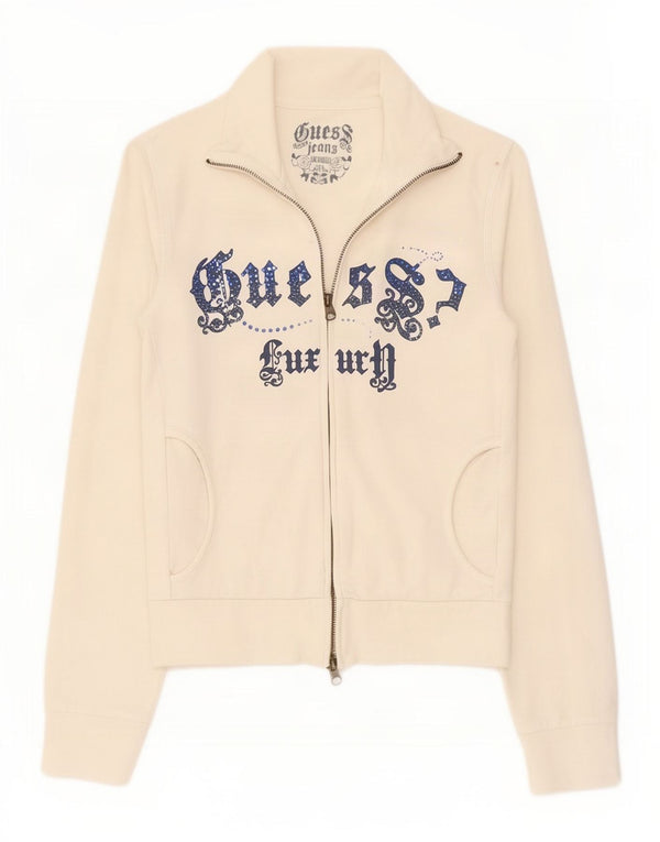 Guess Damen-Trainingsanzugoberteil mit Grafik, UK 10, Größe S, weiße Baumwolle