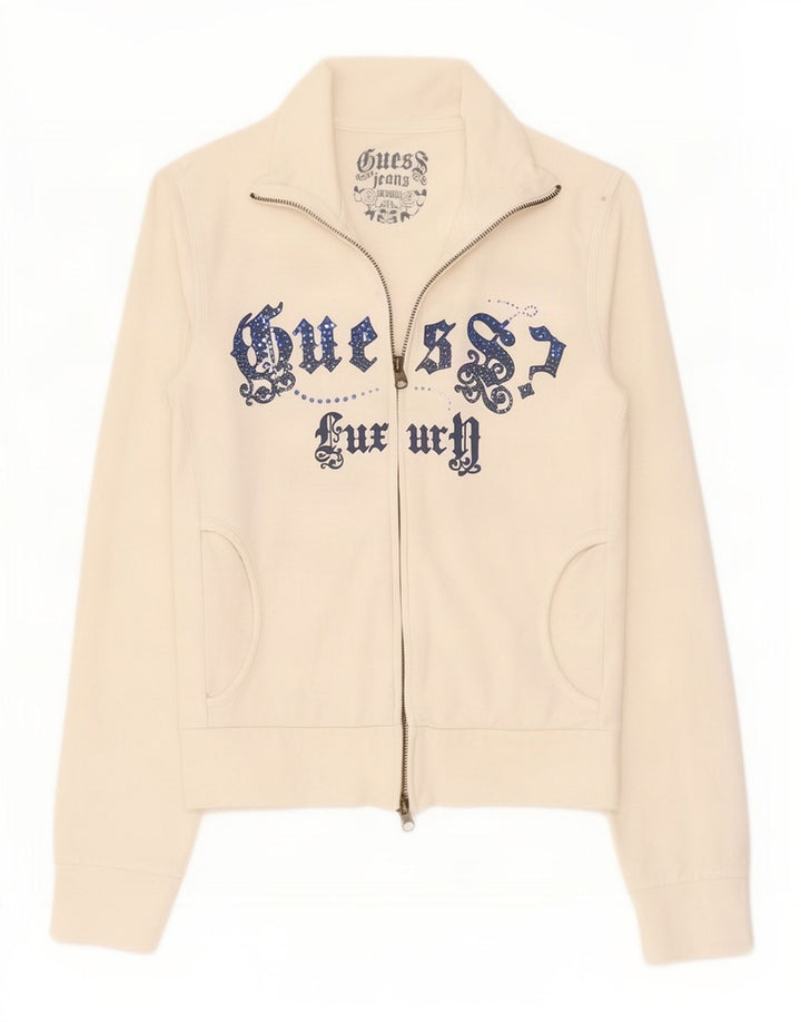 Guess Damen-Trainingsanzugoberteil mit Grafik, UK 10, Größe S, weiße Baumwolle