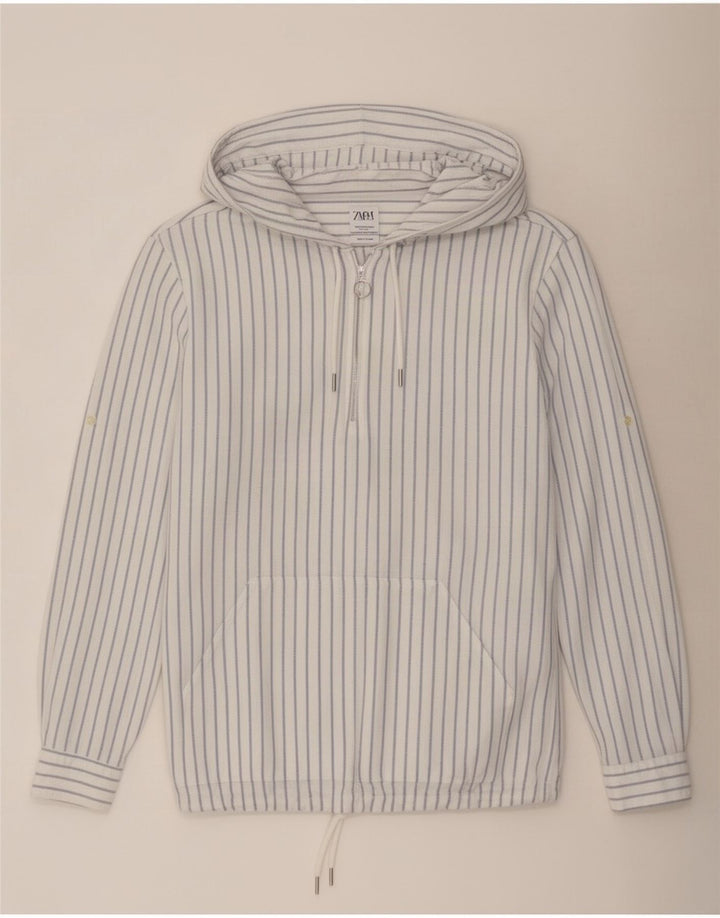 Zara Herren-Pullover mit Kapuze, entspannte Passform, mittelblaue Nadelstreifen-Baumwolle