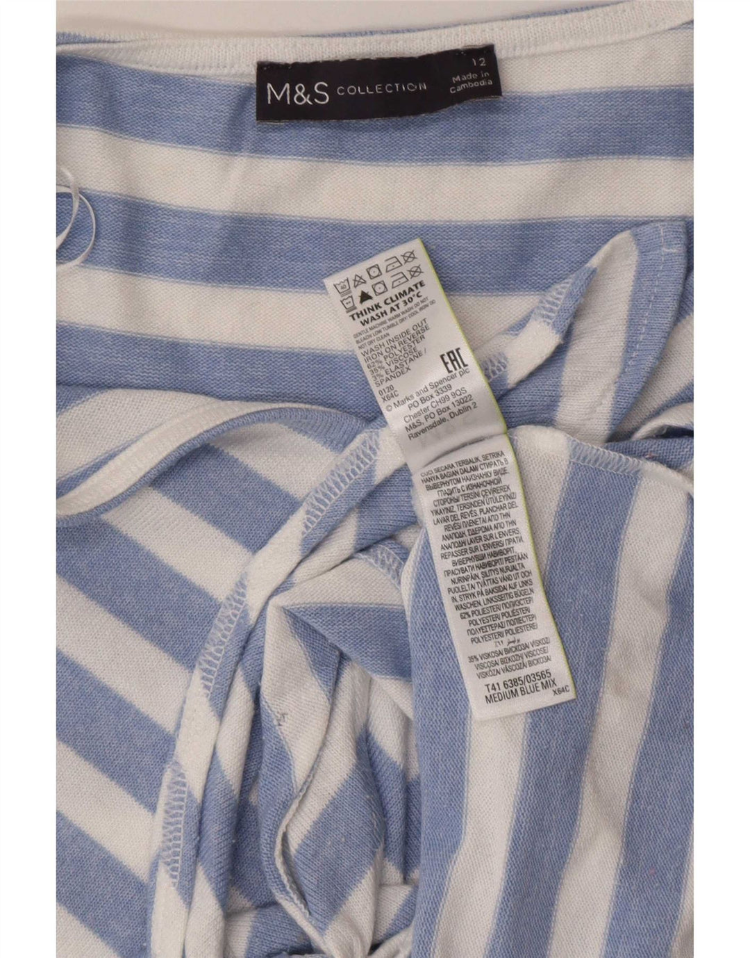 Marks & Spencer Damen-Blusenoberteil mit Bindeband vorne, UK 12, Mittelblau gestreift