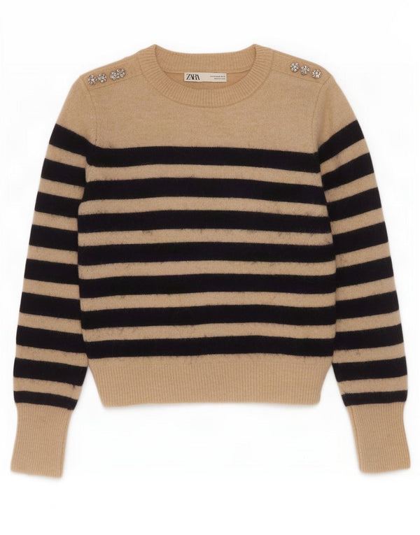 Zara Damen-Pullover mit Rundhalsausschnitt, Gr. 12, mittelbeigefarbenes, gestreiftes Nylon